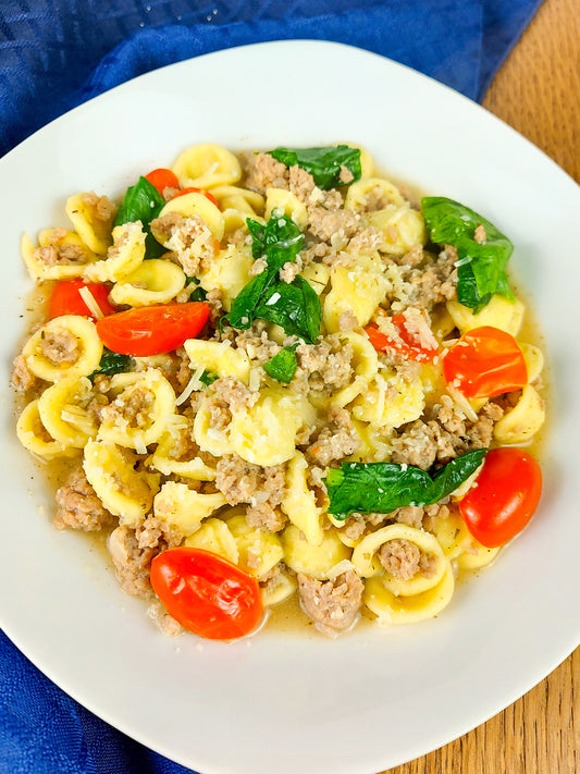 Orecchiette au Veau avec Parmesan, Tomates et Épinards