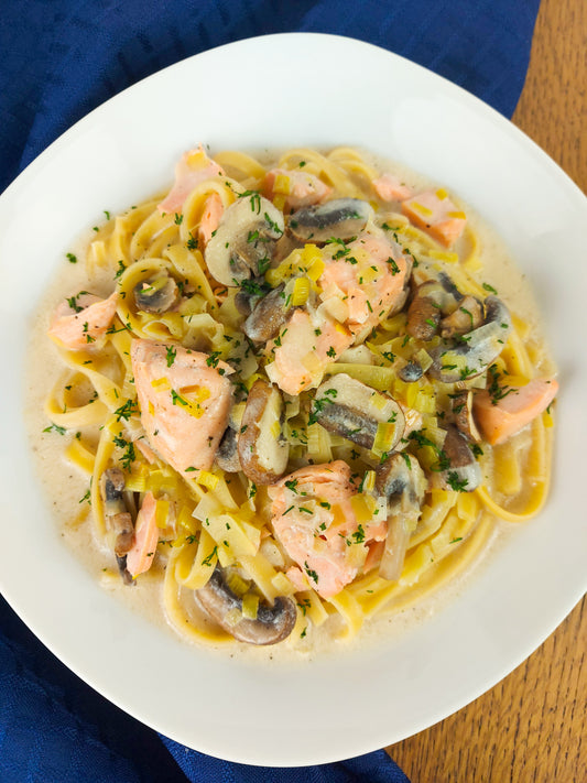 Fettuccines Saumon, Poireaux et Champignons
